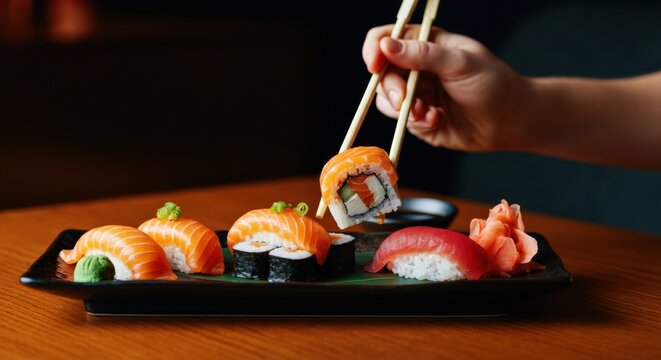 Assorted sushi rolls and sashimi served on a black platter with wasabi and ginger