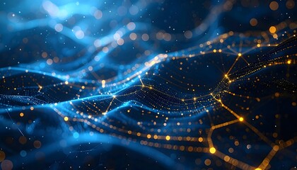 Abstract blue and gold cyber mesh background with glowing points and flowing lines, suggesting data, technology, AI, or digital network connections.