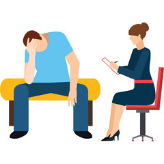 Man sitting on couch with head in hand during therapy session with female counselor taking notes on notepad isolated on white background