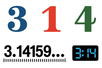 Outline vector icons for mathematical concepts, showing Pi constant, digital clock time, complex blackboard formulas, and geometry education.