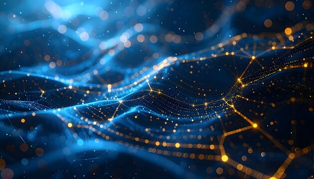 Abstract blue and gold cyber mesh background with glowing points and flowing lines, suggesting data, technology, AI, or digital network connections.