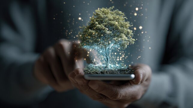Digital Harmony: A person cradles a glowing miniature tree on a mobile device, representing growth, environmental consciousness, and the convergence of technology and nature.