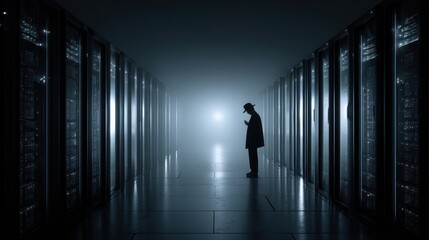 Lone Vigil in Server Room: A solitary figure, cloaked in shadow, stands in a vast server room, bathed in an ethereal light. Reflecting on data and technology