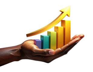 A realistic AI-generated image of a dark human hand supporting a set of colorful 3D financial bars with an upward golden arrow curving above and high-quality lighting, isolated on a transparent ba (2)