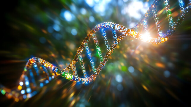 A vibrant and colorful representation of a DNA strand illuminated by sunlight, showcasing the beauty of genetics and nature.