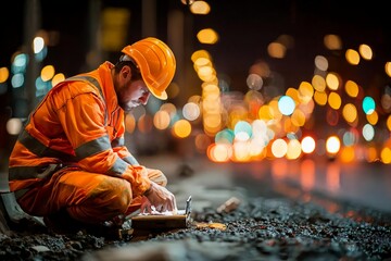 Obraz premium Nighttime Construction Worker Performing Tasks on Urban Street