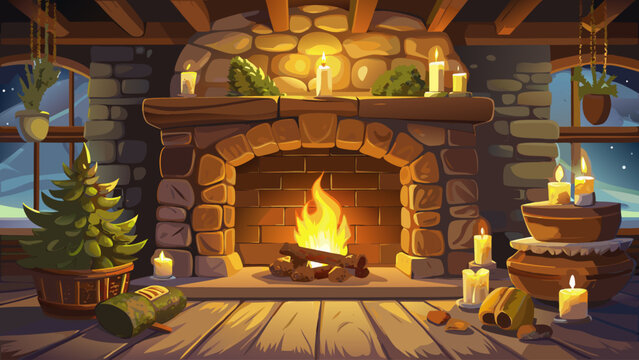 Rustic stone fireplace with glowing burning logs inside, wooden mantel decorated with candles and pinecones, golden firelight casting soft shadows across the room, evoking warmth, peace and cozy