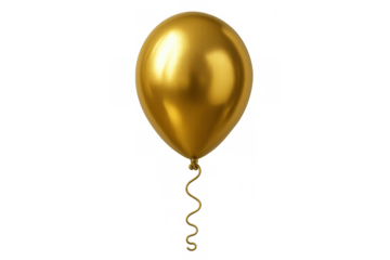 Golden helium metallic balloon floating with realistic reflections, celebrating joyful party, holiday event, transparent background
