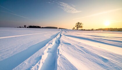 広大な雪原が淡く光る空の下に広がり、柔らかな長い影が静かに流れる。コントラストを抑えた穏やかなトーンが、孤独と再生という相反する感情を包み込む。