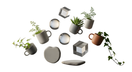 Minimal floating objects (cups, plants, shapes) isolated on PNG background.