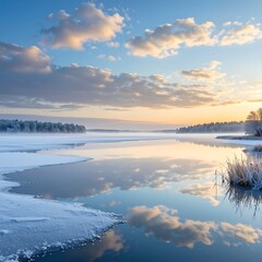 静かに凍った湖が、柔らかな雲と淡い朝日を静かに映す。水面の上には薄い霧が漂い、冷たい青と温かい金色の光が溶け合うように広がる。