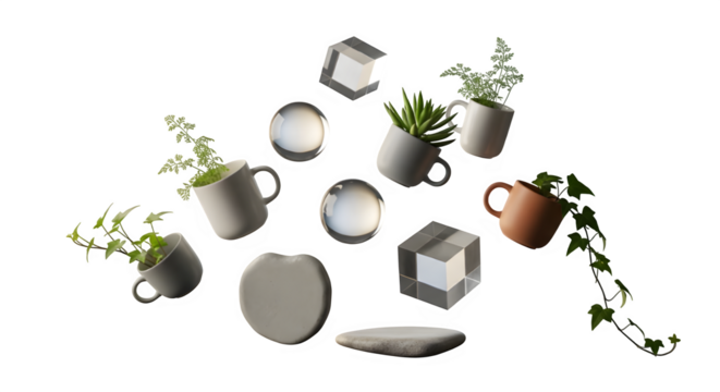 Minimal floating objects (cups, plants, shapes) isolated on PNG background.