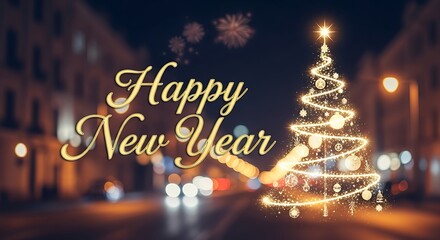Happy new year text with christmas tree lights and bokeh city lights at night in the background