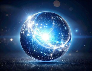 Luminous blue and white sphere with glowing internal network connections, light effects, and bokeh on a dark, reflective surface. Technology concept.