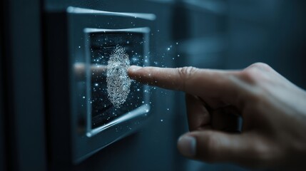 Digital Touch: A person's finger hovers over a futuristic fingerprint scanner, triggering a sense of security and technological advancement.