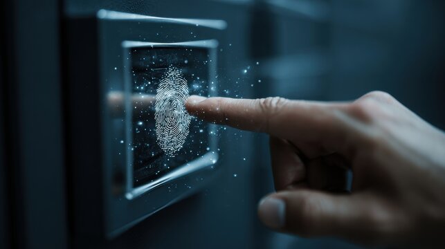 Digital Touch: A person's finger hovers over a futuristic fingerprint scanner, triggering a sense of security and technological advancement. - Powered by Adobe