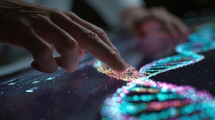 Decoding the Code: A scientist's touch illuminates a vibrant representation of the DNA helix, symbolizing the wonders of scientific advancement and the exploration of life's building blocks.