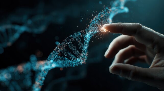 Touching the Code: An enigmatic and thought-provoking image features a human hand delicately touching a radiant strand of DNA, representing the essence of life and scientific advancement.
