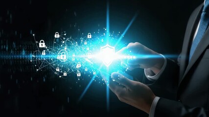 Cybersecurity concept with a shield and locks, a businessman interacting with a digital interface - Powered by Adobe