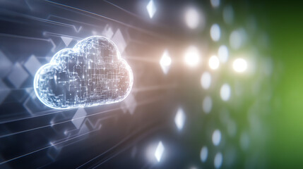 A vibrant digital cloud symbolizing data transfer and connectivity with glowing lines and light effects in a modern tech setting.