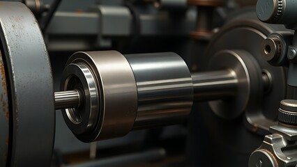 mandrel. A conical metal lathe mandrel rotating with an unfinished tube sleeve fitted over it. safety posters, maintenance manuals, designed for precision metalworking and fabrication facilities.