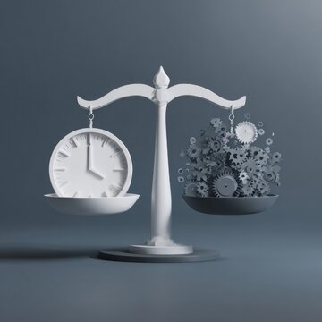 Time Versus Gears: A visual metaphor of the balance between time and mechanics, a clock counterweights a collection of gears.