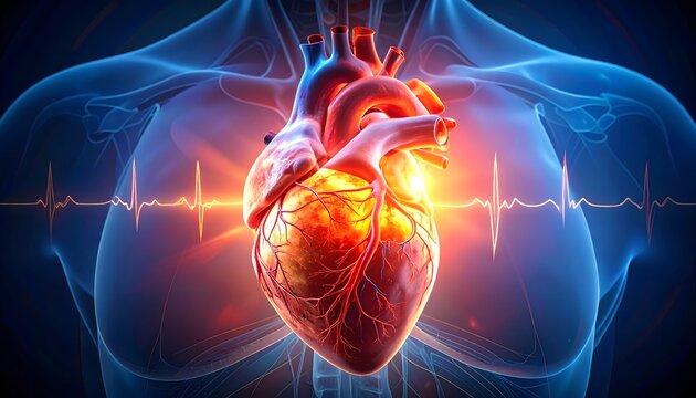 Vibrant, glowing human heart model with red/orange light, centered in a translucent blue body with an EKG line. Medical progress and health concept.