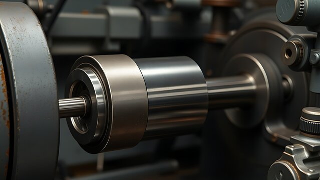 mandrel. A conical metal lathe mandrel rotating with an unfinished tube sleeve fitted over it. safety posters, maintenance manuals, designed for precision metalworking and fabrication facilities.
