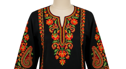 Intricately embroidered black tunic with vibrant floral patterns and colorful threads on a mannequin