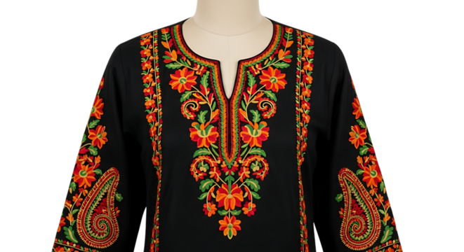 Intricately embroidered black tunic with vibrant floral patterns and colorful threads on a mannequin