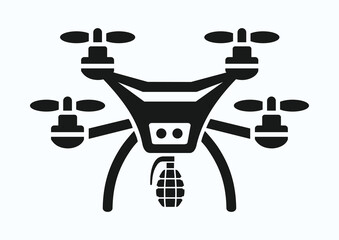 Quadcopter with hanging hand grenade, black and white vector silhouette