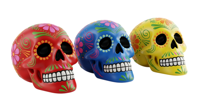 Three colorful and decorative sugar skulls with intricate floral patterns against a black background