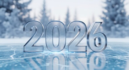 The year twenty twenty six in ice with a winter forest background and clear ice reflections below it