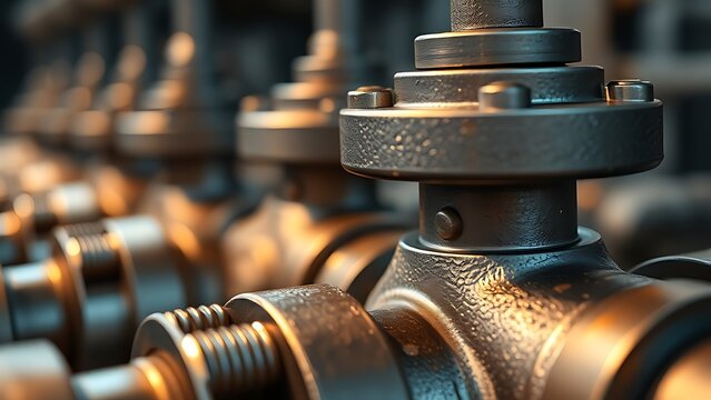 discontinuous. Metal nodules on industrial pipe valves reflecting light, metallic texture detail. safety posters, maintenance manuals, designed for industrial assembly lines and welding operations.
