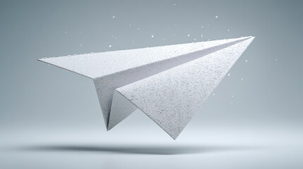 A textured paper airplane in mid-flight, featuring a fine, sparkling mist against a soft gray background.