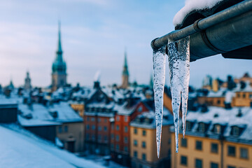 Icicles hanging from roof gutter on a cold and silent winter day