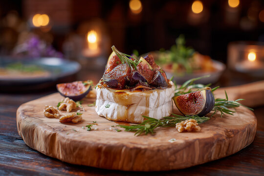 A gourmet restaurant presentation of baked brie cheese with figs, walnuts, honey, and herbs, elegantly served on a rustic wooden board