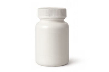 White plastic medicine bottle with screw cap on a transparent background, holding pills, vitamins, or supplements