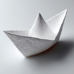 A simple white paper boat displayed on a grey background, symbolizing creativity and the joy of handmade crafts.