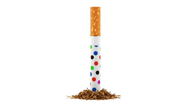 Tall cigarette with colorful dots standing upright in a pile of loose tobacco against a black background