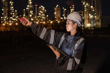 Engineers Conducting Night Inspection at Refinery