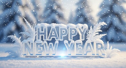 Happy new year text covered in snow with winter trees in the background on a bright snowy day outdoors