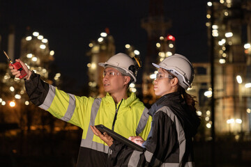 Engineers Conducting Night Inspection at Refinery