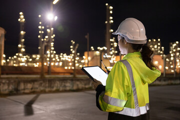 Engineers Conducting Night Inspection at Refinery