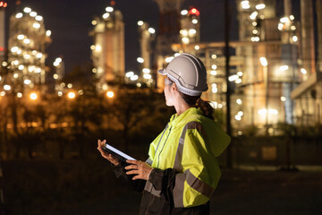 Engineers Conducting Night Inspection at Refinery