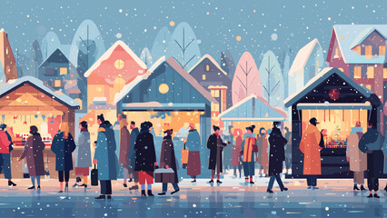 A vibrant flat design illustration capturing the festive atmosphere of a European Christmas market, with shoppers enjoying stalls under falling snow and warm lights. 