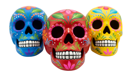 Three colorful and intricately decorated sugar skulls against a dark background