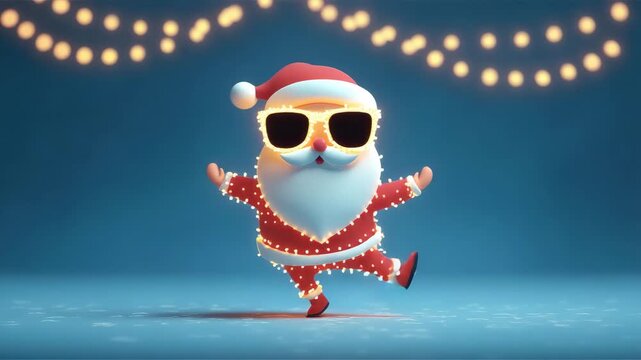 cool dancing santa with stylish sunglasses decorated with fairy lights illustrated animation