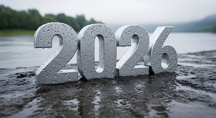 Silver year numbers two thousand and twenty six with water droplets on a wet surface outdoors near water