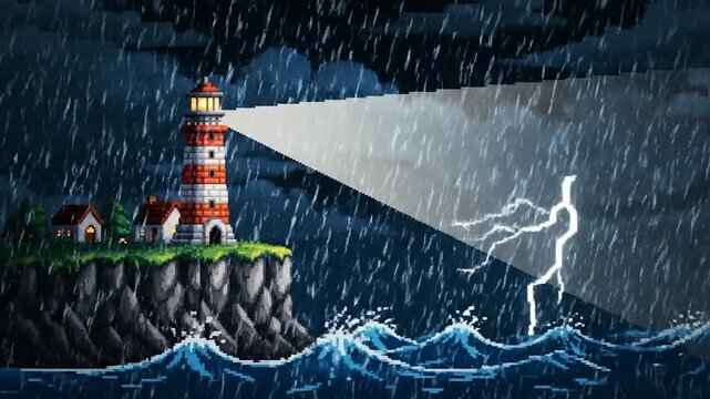 Pixelated image of a lighthouse on a cliff during a storm, with lightning and rain
